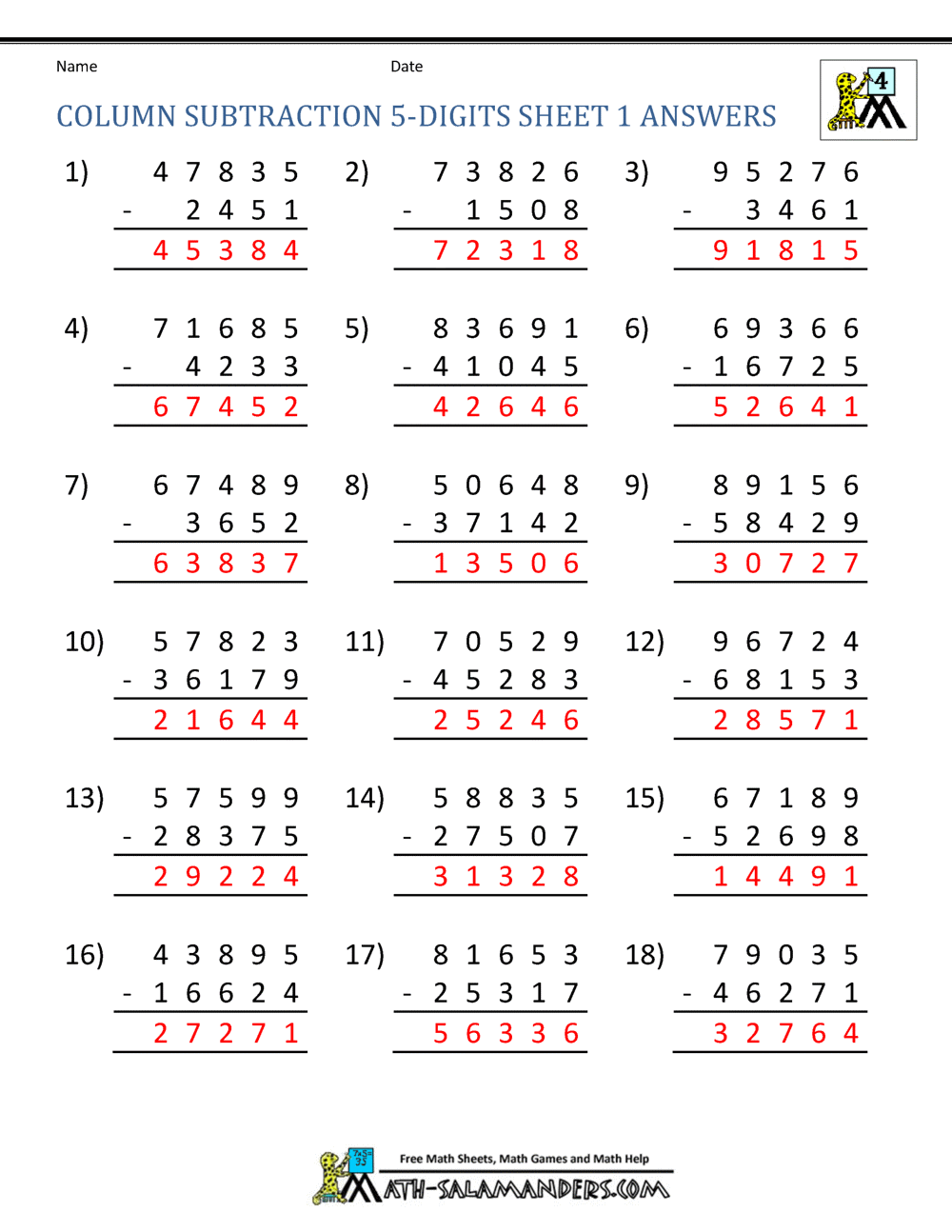 5 Digit Subtraction Worksheets