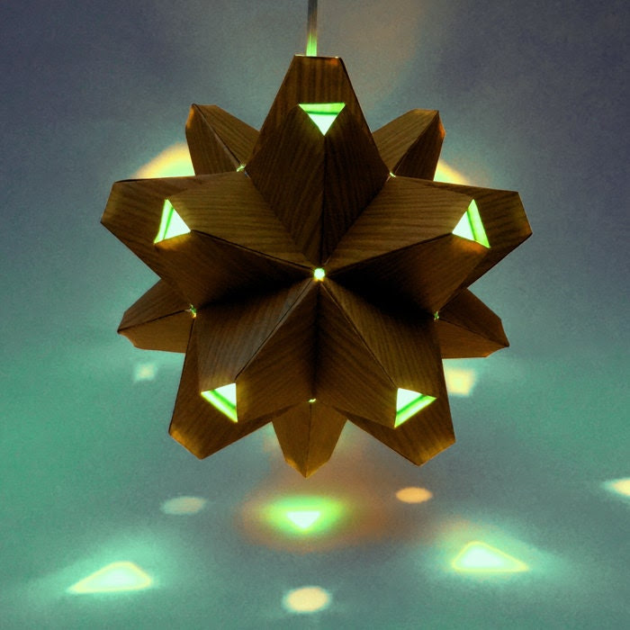 Paper Origami Lamp. Wood Print and Aqua. 60 sides. (Polyhdra Luminaria Series) - KateCallahanDesign