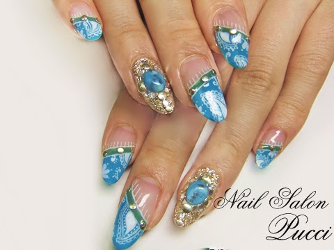 ターコイズブルーにペイズリー柄のエスニックフレンチネイル 杉並区 阿佐谷 ネイルサロン Nail Salon Pucci ネイルサロンプッチ