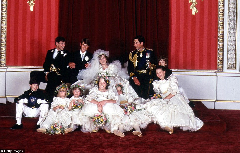 The 1981 wedding party. From back, Prince Andrew, Prince Edward, Diana and Charles, Edward van Cutsem; front: Lord Nicholas Windsor, Clementine Hambro, Catherine Cameron, India Hicks, Sarah-Jane Gaselee and Lady Sarah Armstrong-Jones