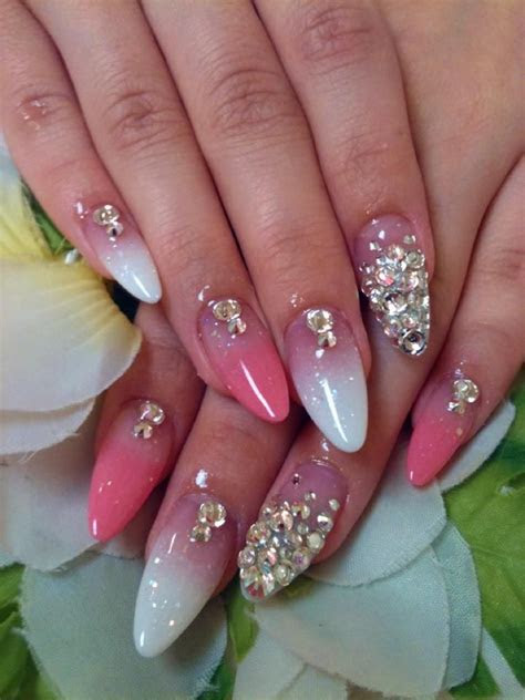 acrylic nail designs  rhinestones pink  white