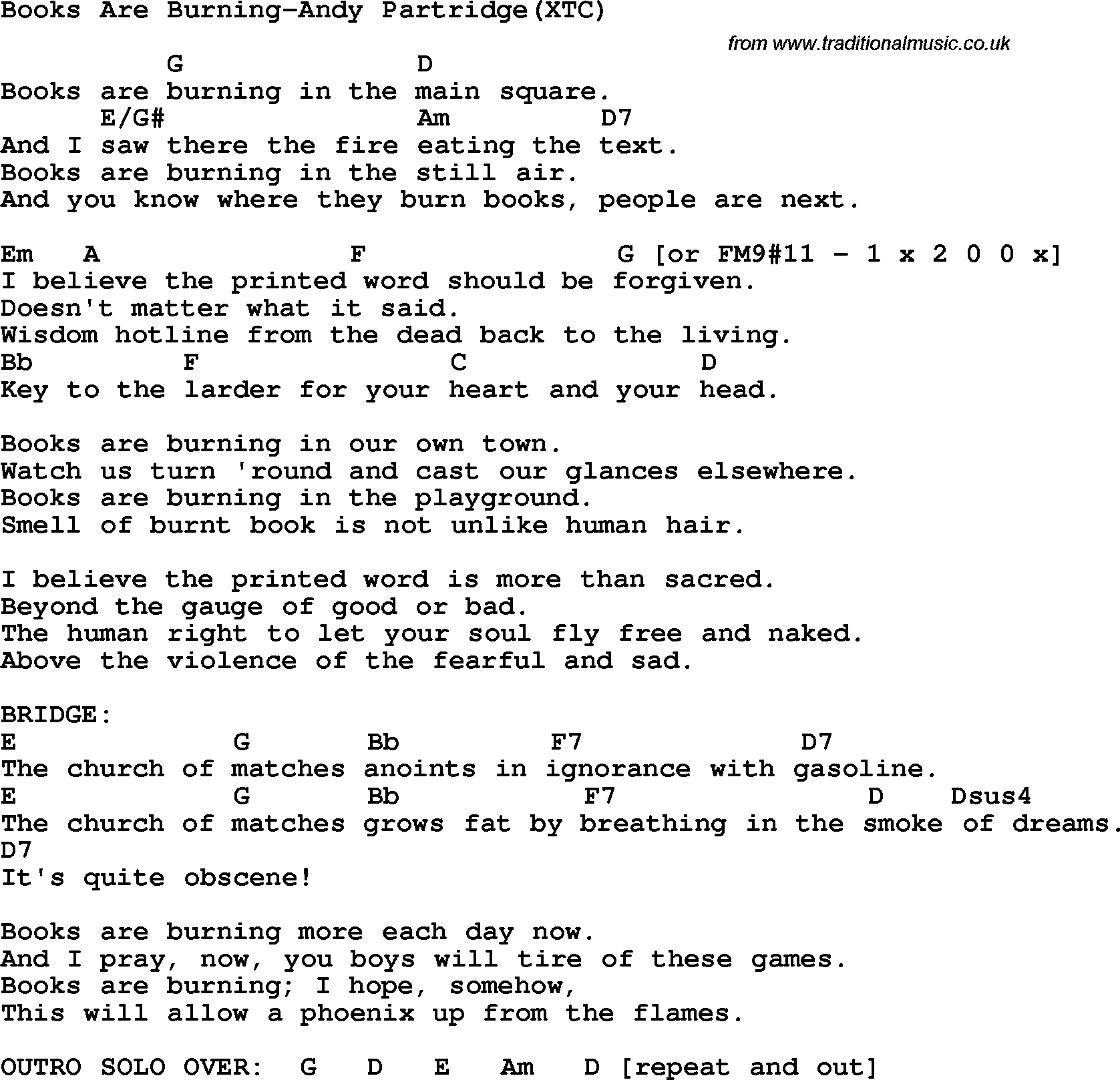 Protest Song Books Are Burning Andy Partridge Xtc Lyrics And Chords