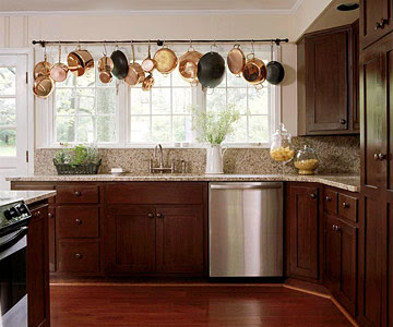 sleek kitchen w/ curtain rod pot rack over sink