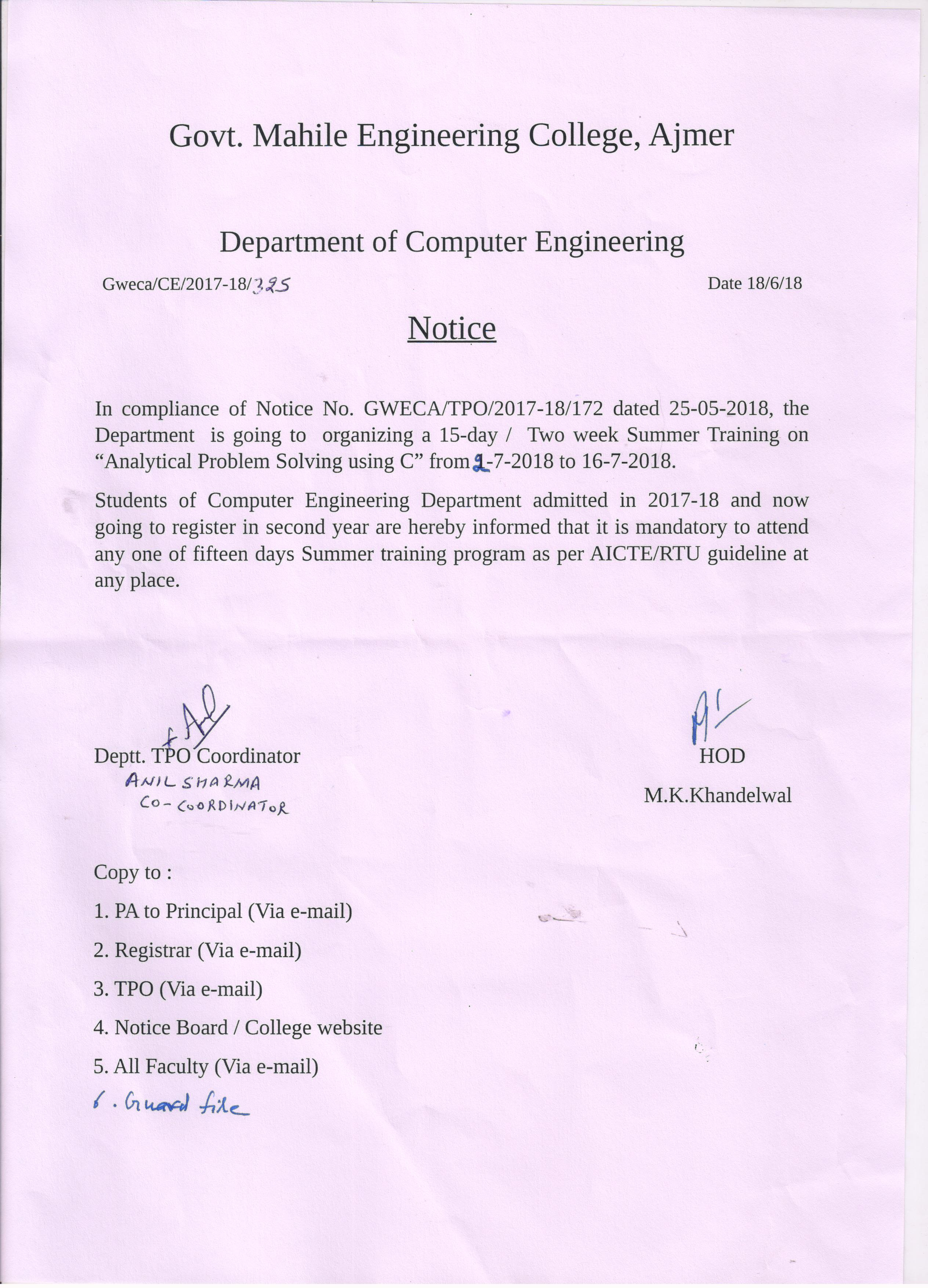 Notice for Summer Training on "Analytical Problem Solving Using