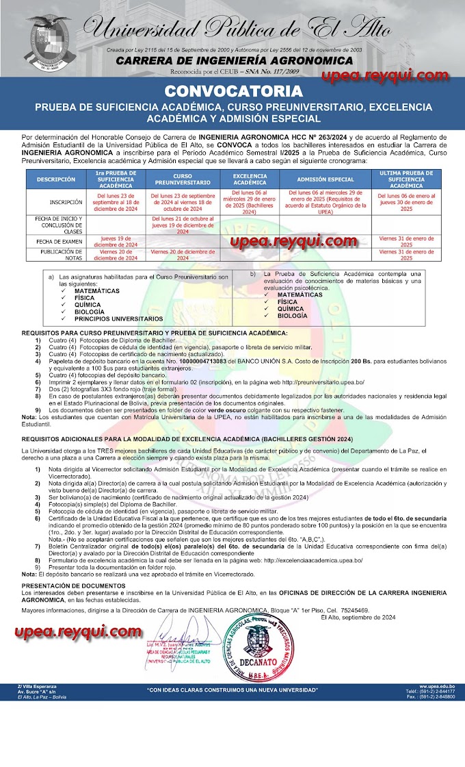 Ingeniería Agronómica UPEA I/2025: Convocatoria a la Prueba de Suficiencia Académica, Curso Preuniversitario, Excelencia Académica y Admisión Especial