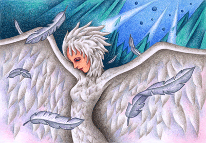 ファンタジーイラスト 鳥 羽ばたき 白い翼 陽光 差し込む光 羽 羽根 白い鳥 雌鳥