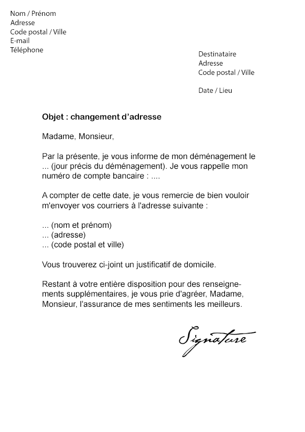 Lettre de changement d'Adresse Banque Postale - Modèle de 