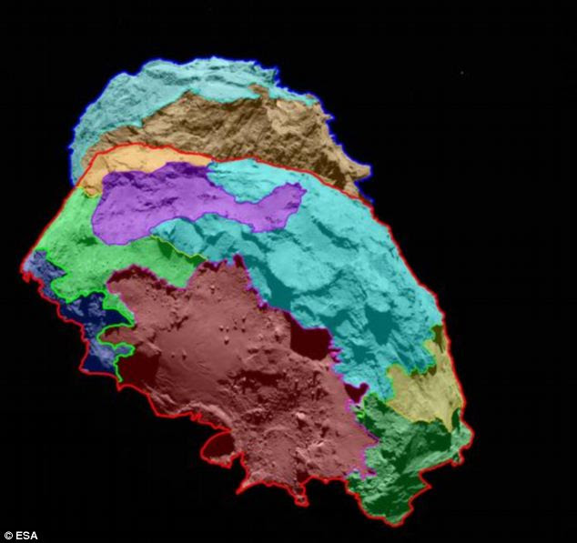 Several different surface regions are shown in this map, which is oriented with the comet's 'body' in the foreground and the 'head' in the background. The map is expected to help researchers pick a suitable place to drop a lander in November - the first time a landing on a comet has ever been attempted
