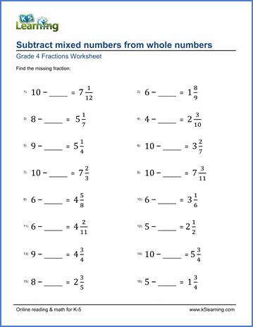 Grade 4 Fraction Worksheet: Subtract mixed numbers from whole numbers ...
