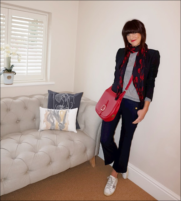 My Midlife fashion, j crew rhodes blazer, j crew cropped sailor pant, village england sway bag, hm cashmere mix sweatshirt, golden goose superstar trainers, steve mcqueen skull scarf