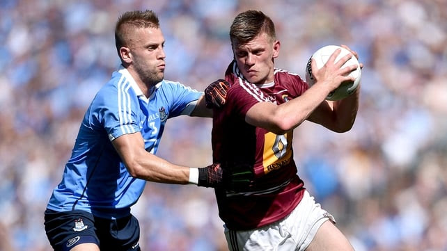 Westmeath full forward John Heslin up against Jonny Cooper of Dublin