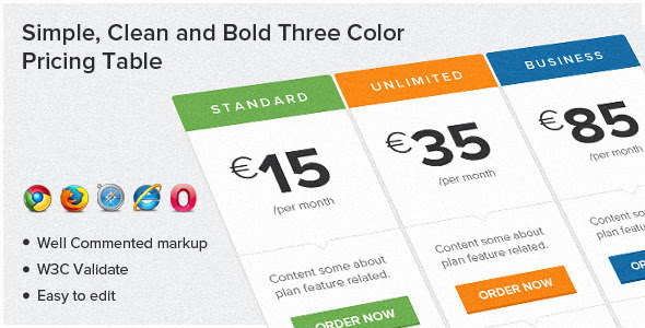 Simple, Clean and Bold Three Color Pricing Table - CodeCanyon Item for Sale