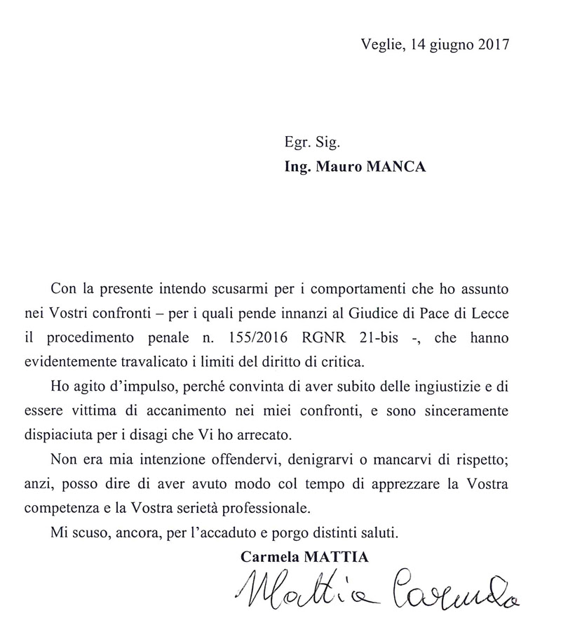 Lettera di scuse della Signora Mattia Carmela indirizzata all ...