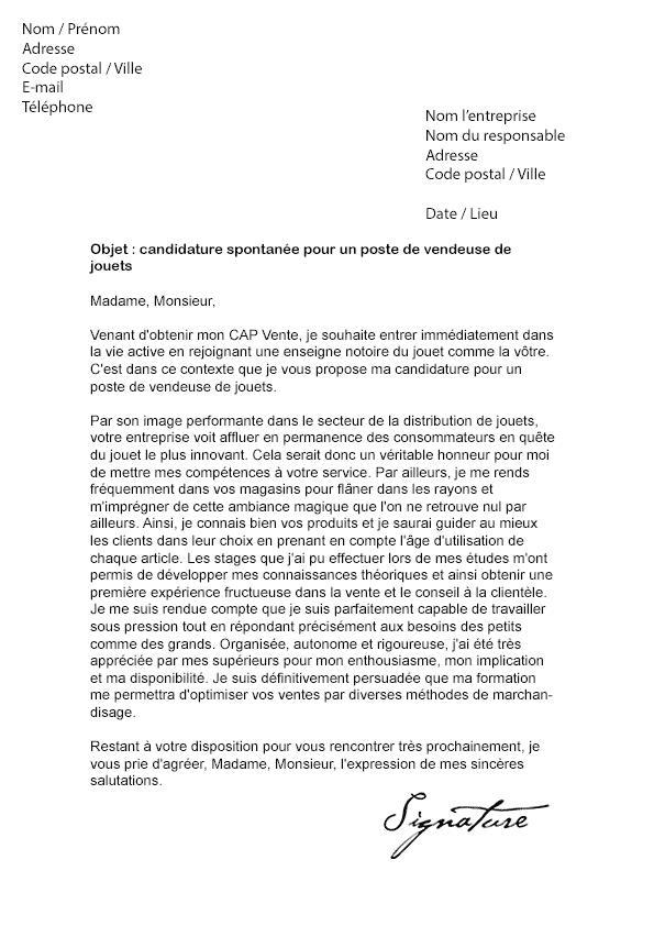 Lettre de motivation Vendeuse de jouets - Modèle de Lettre