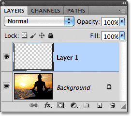 Layer 1 is added above the Background layer. Image © 2011 Photoshop Essentials.com.