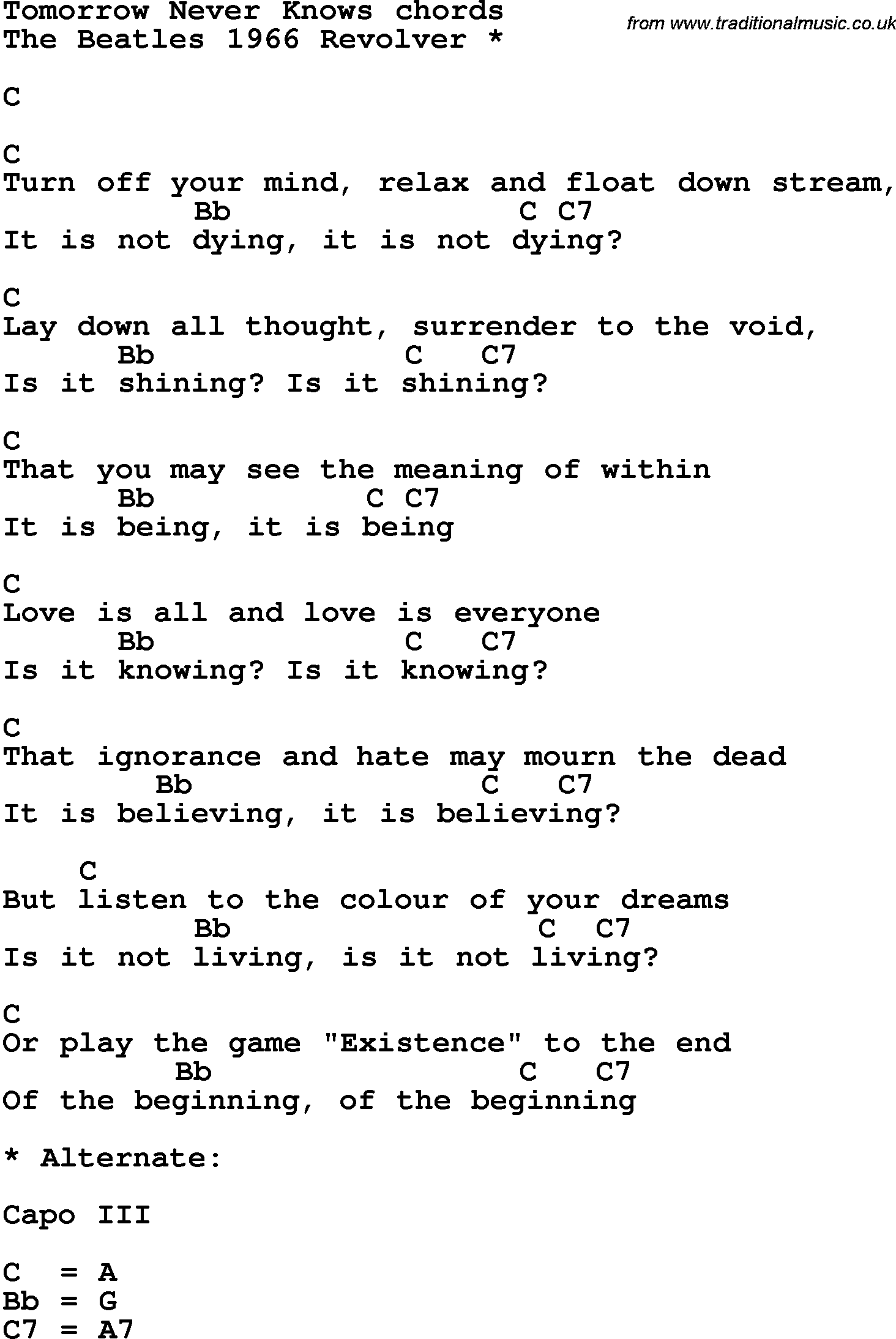 Song Lyrics With Guitar Chords For Tomorrow Never Knows Beatles
