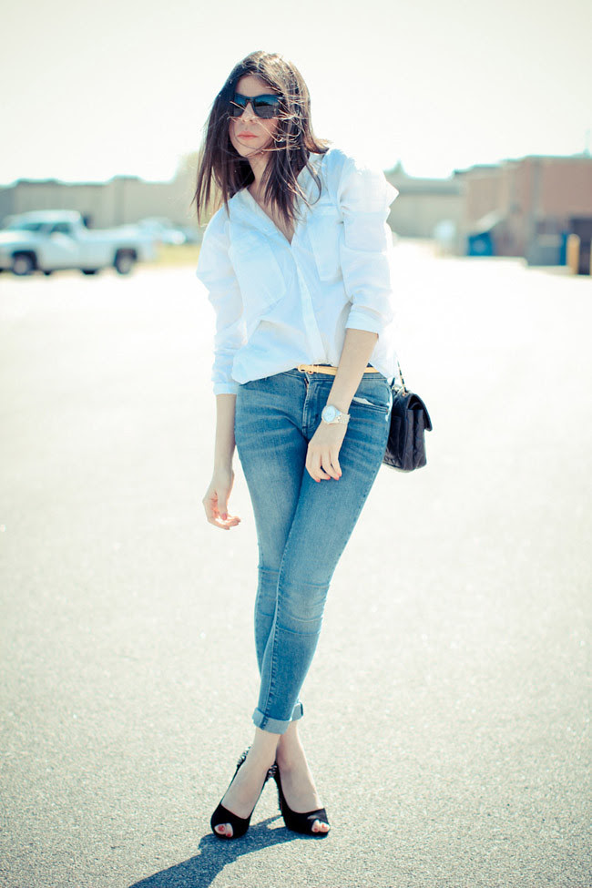 Sam Edelman Spiked Heels, Asos White Button Up, Skinny Jeans, Chanel bag