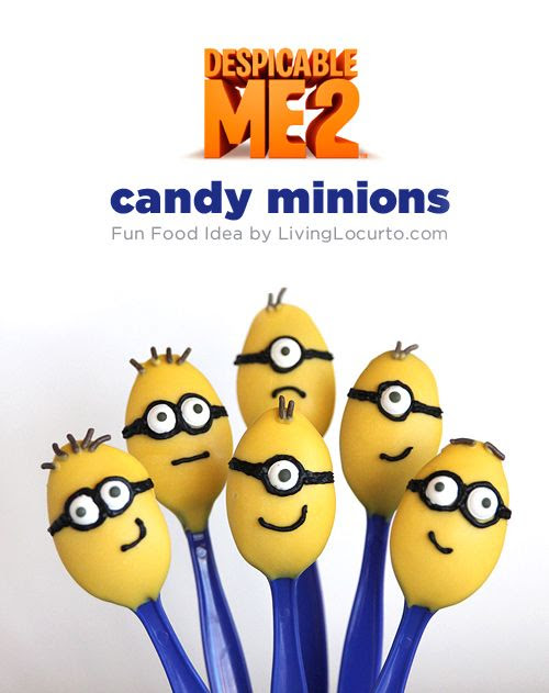 Cute!! Despicable Me 2 Minion Candy Spoons with Free Printable #Easter Tags. Fun idea for a party! #recipe #party #DespicableMe 2 #minions LivingLocurto.com