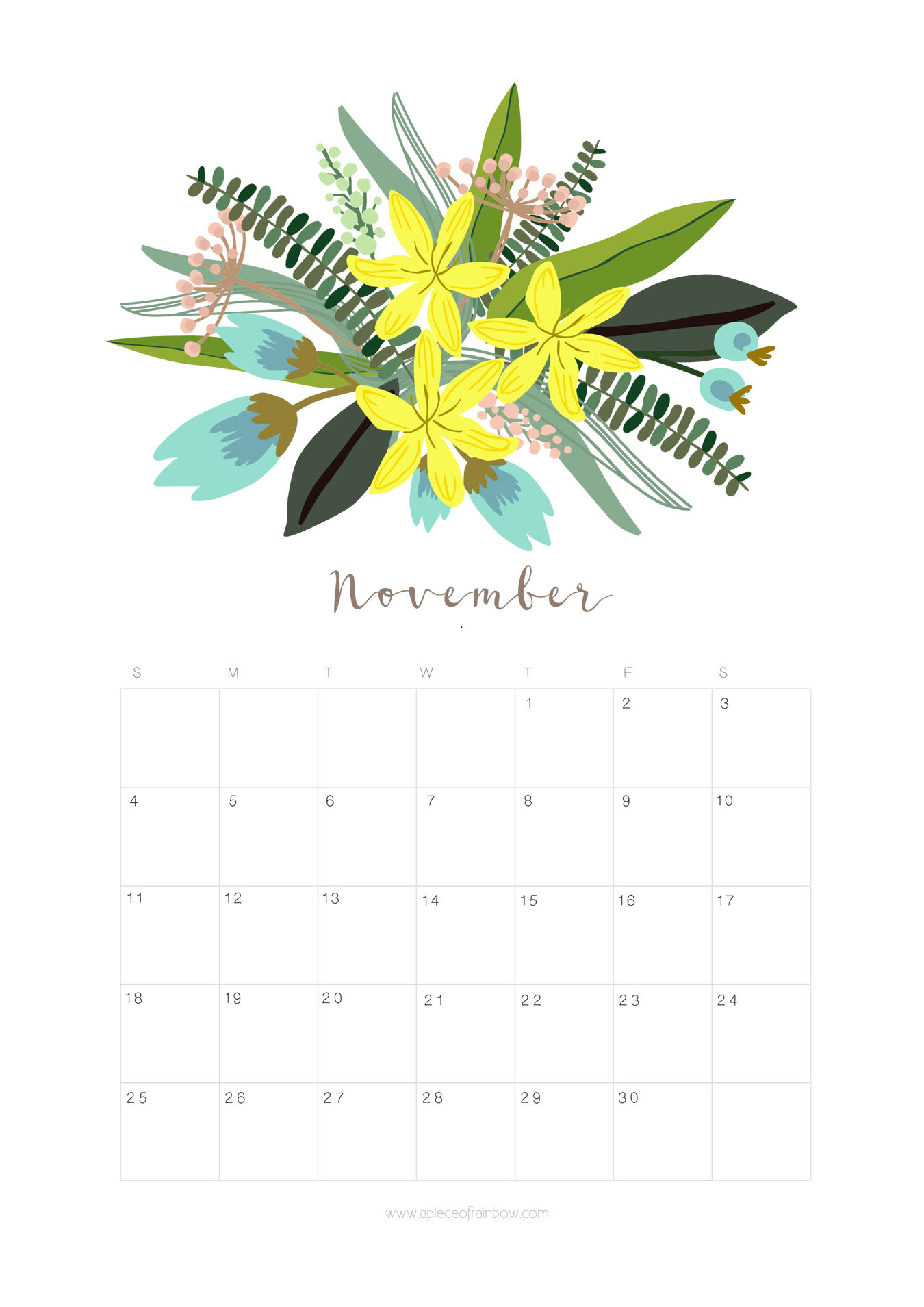 Printable November 2018 Calendar Monthly Planner - Floral 