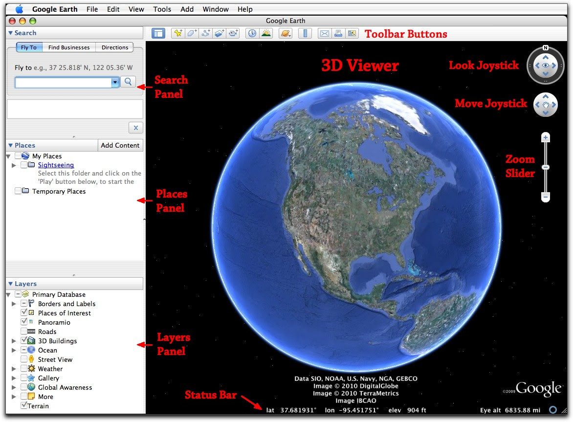 Locate the following elements of the Google Earth window: