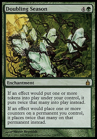 Doubling Season (5, 4G) \nEnchantment\nIf an effect would put one or more tokens onto the battlefield under your control, it puts twice that many of those tokens onto the battlefield instead.<br />\nIf an effect would place one or more counters on a permanent you control, it places twice that many of those counters on that permanent instead.\nRavnica: City of Guilds: Rare\n\n