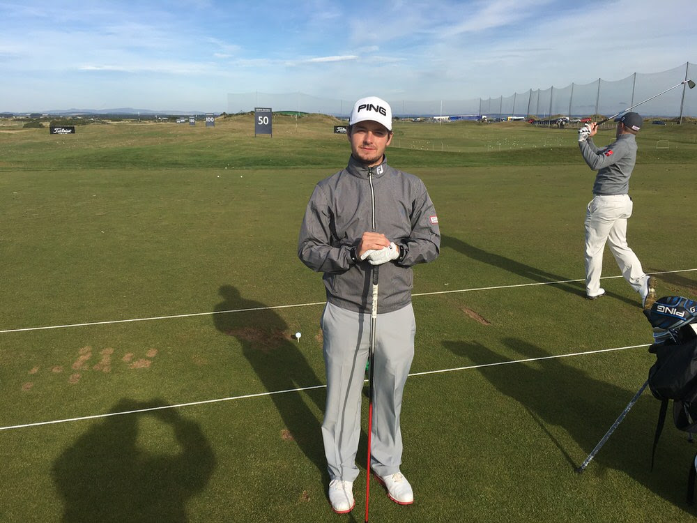 Jack Hume hits balls alongside Paul Dunne before his professional debut in the 2016 Alfred Dunhill Links Championship in Scotland
