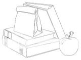 Coloring sheets of school supplies and books for various subjects.
