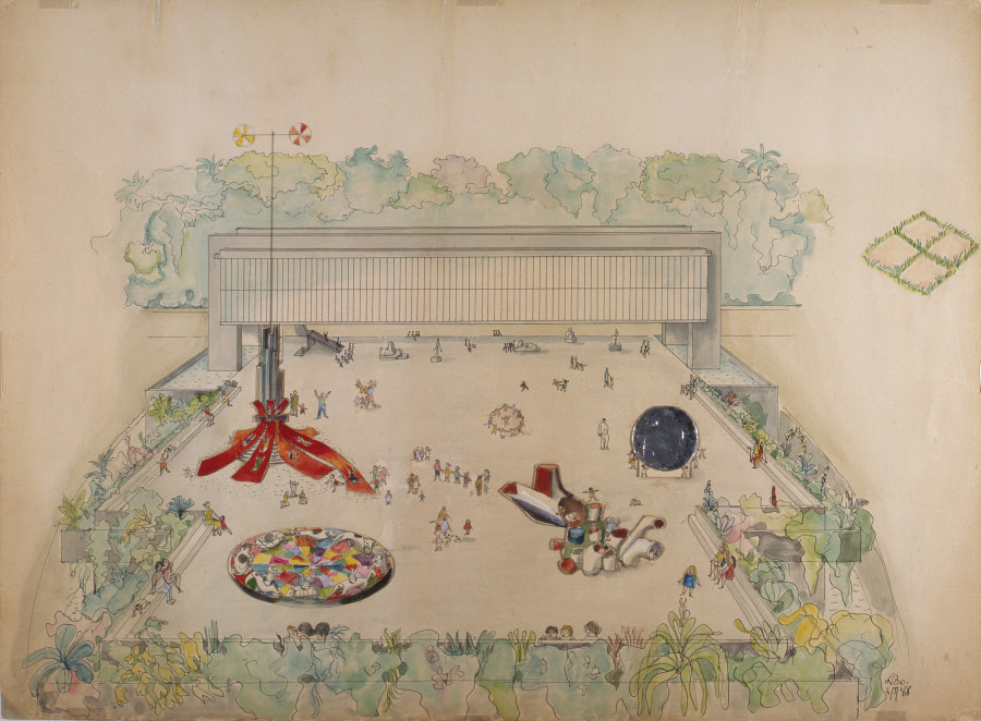 Lina Bo Bardi, Estudio Preliminar, Esculturas Practicables para el Mirador del Museu Arte Trianon, 1968, tinta china y acuarela sobre papel, 53,6 x 76,5 cm. Colección MASP