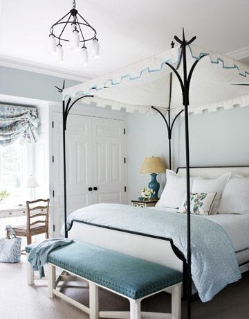 bedrooms - Benjamin Moore Pearl Gray - Hickory blue bench nailhead trim black iron Oscar De La Renta canopy bed turquoise blue lamp linen lamp shade blue gray walls paint color roman shade chandelier