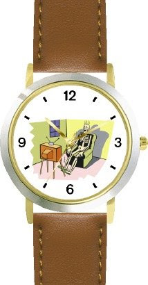 Skeleton Watching Television (TV) - WATCHBUDDY® DELUXE TWO-TONE THEME WATCH - Arabic Numbers - Brown Leather Strap-Size-Women's Size-Small