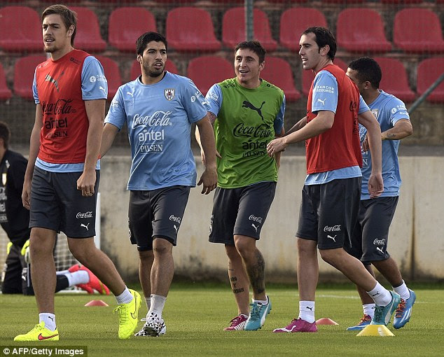 Relaxed: The Uruguay team, who reached the                semi-finals four years ago, trained on Tuesday
