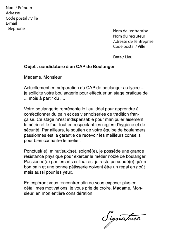 Lettre de motivation CAP Boulanger - Modèle de Lettre