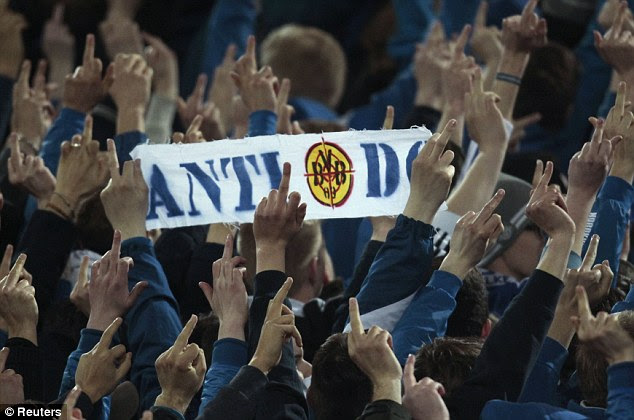 Disrespect: Schalke's supporters react during the Borussia Dortmund anthem