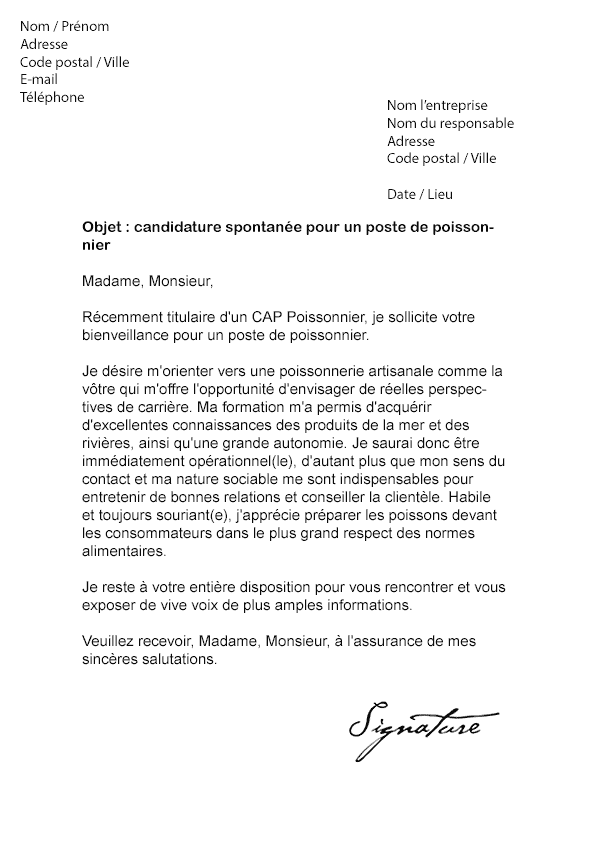 Lettre de motivation Poissonnier - Modèle de Lettre