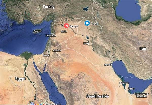 A map showing the Syrian city of Raqqa and the Iraqi city of Mosul