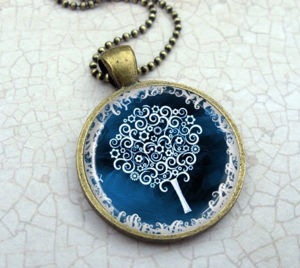 White Tree in Blue Necklace - Glass Dome Pendant Vintage Bronze, Picture Pendant, Photo Pendant, Art Pendant by Lizabettas