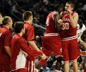 STATE COLLEGE, PA - JANUARY 08: Matt Roth #30 of the Indiana Hoosiers celebrates after hitting a three-pointer and a timeout is called with teammate Victor Oladipo #4 of the Indiana Hoosiers during the second half at the Bryce Jordan Center on January 8, 2012 in State College, Pennsylvania. The Indiana Hoosiers won, 88-82. (Photo by Patrick Smith/Getty Images)