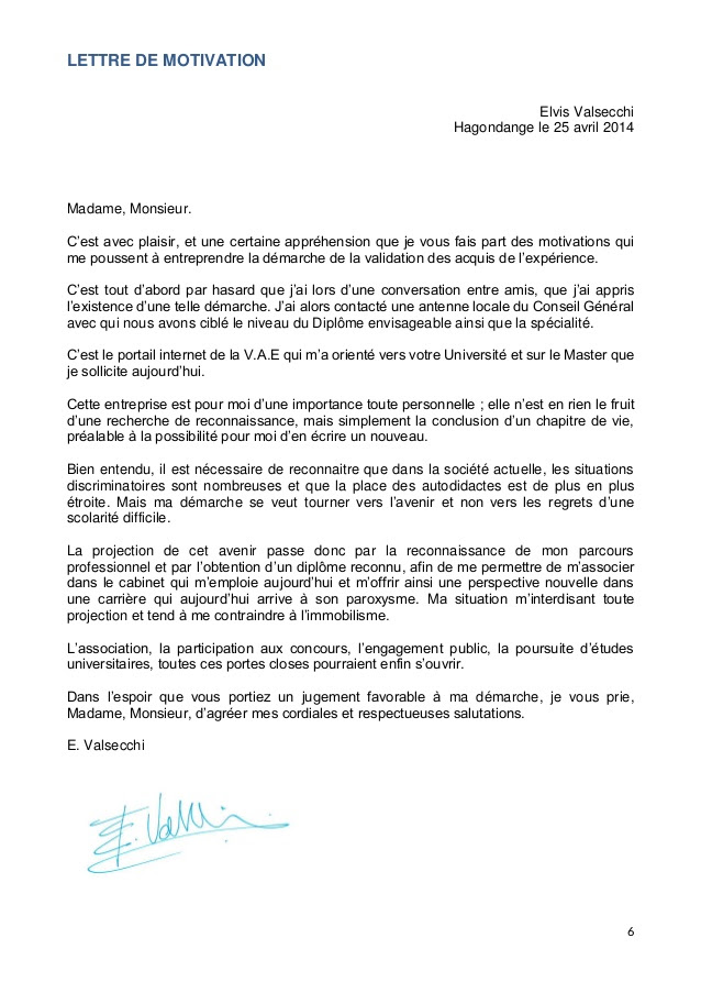 Lettre de motivation validation des acquis professionnels 