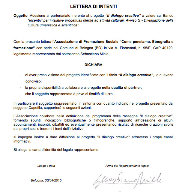 Lettera di adesione partenariato