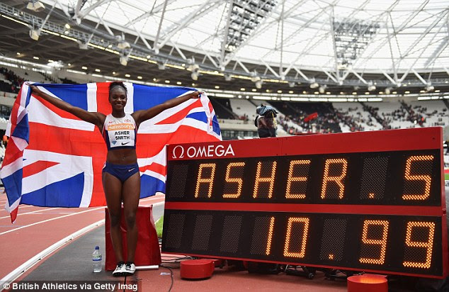 Dina Asher-Smith (left) celebrates her stunning 100m win on Saturday at the Olympic Stadium