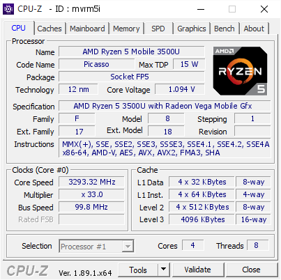 Amd Ryzen 5 Mobile 3500u 3293 32 Mhz Cpu Z Validator