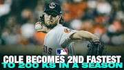 baseball savant Cole becomes 2nd fastest to 200 strikeouts EVER in a season