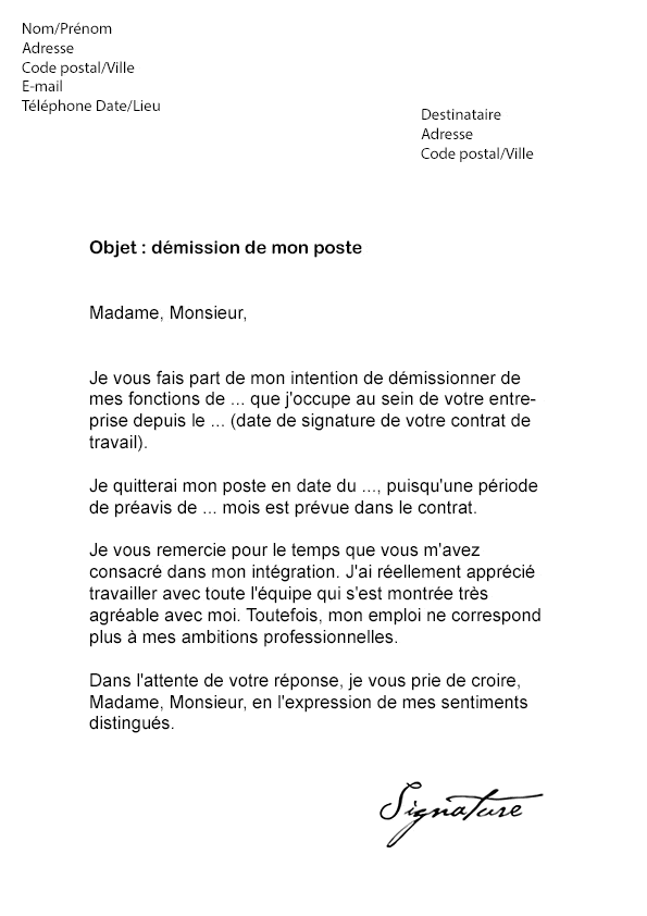 Lettre de démission Remise en main Propre - Modèle de Lettre