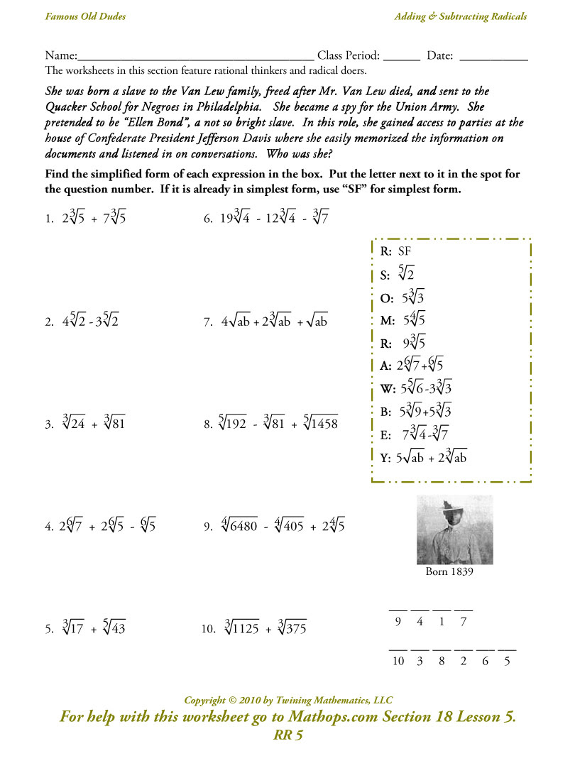 Addition of radicals worksheet