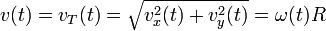 v(t) = v_T(t) = \sqrt{v_x^2(t) + v_y^2(t)} = \omega(t) R \!
