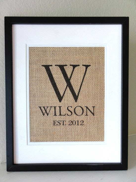 Personalized Burlap MONOGRAM, Last  Name and Est. Date, Gift for Weddings, Engagements, Showers, Announcement. $20.00, via Etsy.