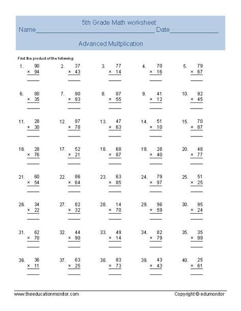 Create your own custom advanced multiplication printables with this advanced multiplication worksheet generator. free printable fifth grade multiplication worksheets archives edumonitor