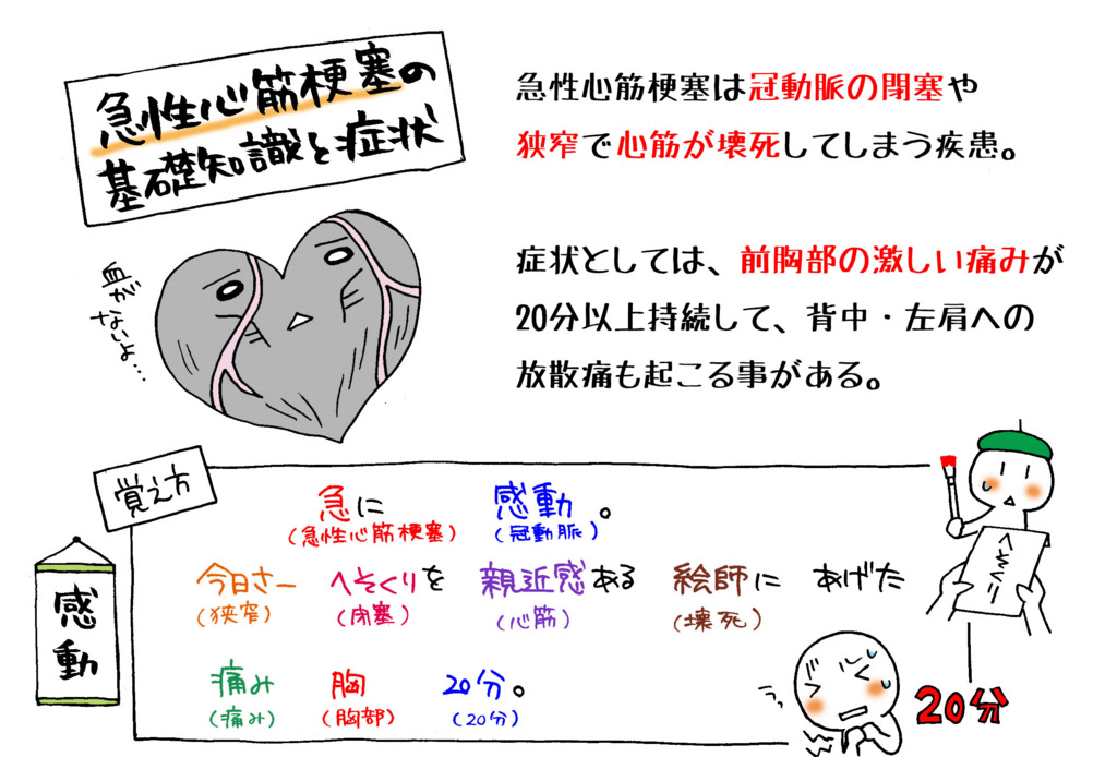 急性心筋梗塞の基礎知識と症状の覚え方 急に感動 今日さーへそくりを親近感ある絵師にあげた で覚えてみよう マンガで看護師国家試験にうかーる