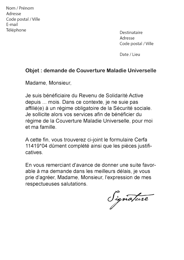 Lettre de demande de CMU (Couverture Maladie Universelle Lettre de demande de CMU (Couverture Maladie Universelle