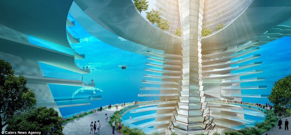 While trees will be dotted around the oasis, there will also be two dedicated green spaces within the city for residents to enjoy, along with panoramic views of the ocean